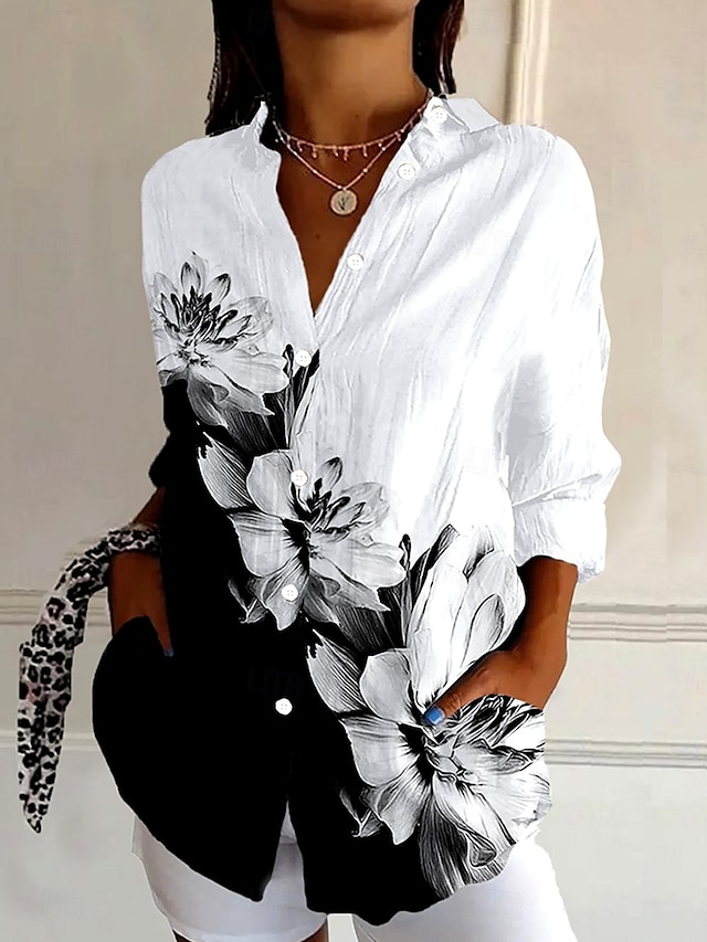  Camicia da donna a manica lunga in cotone blouse floreale grafica stile quotidiano retro vintage camicia a manica 3/4 colletto top regolari vacanze quotidiane uscire bottoni neri estate primavera