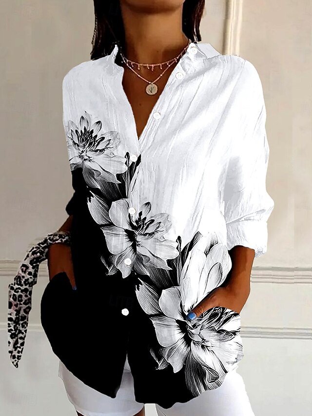 Women's Shirt Button Down Tunic Shirt Collar Long Sleeve Floral Graphic Daily Stylish Retro Vintage 3/4 Length Sleeve Regular Tops Daily Holiday Going out s Black Spring4