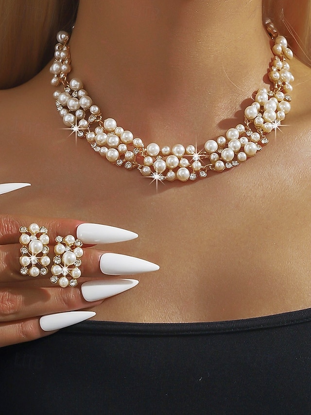  luksus imiteret perlehalskæde og øreringesæt – elegante guldbelagte brudesmykker til bryllupper, fester og formelle begivenheder