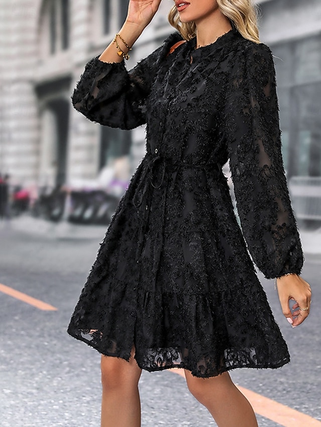  Kleid Brautmutter Kleid Elegantes Lässiges hochgeschlossenes knielanges Polyester mit langen Ärmeln und Knöpfen