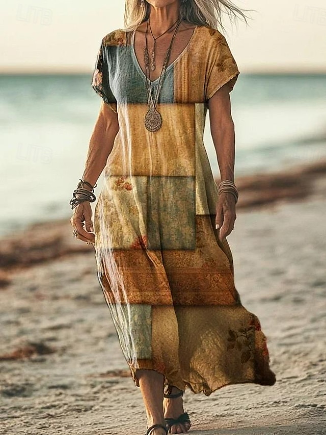  Femmes Robe maxi Robe Décontractée Robe trapèze Élégant Occasionnel Vacances Quotidien Coupe régulière Géométrique Manche Courte Col en V Jaune clair Printemps Automne
