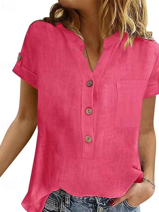  Mulheres Camisa Social Camisa de linho Camisas de algodão e linho Tecido Diário à moda Básico Manga Curta Colarinho de Camisa Tops regulares Trabalho Diário Feriado Botões Rosa Azul Rosa cor de Rosa