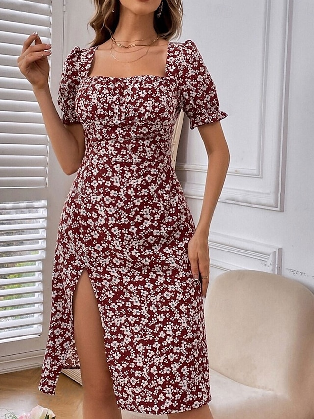  Damen Midikleid Corsagenkleider A Linie Kleid Milchmädchen-Kleid Kleid mit Puffärmeln Urlaub Urlaub Casual Täglich Regular Fit Blumen Graphic Kurzarm Quadratischer Ausschnitt Schwarz Burgunderrot