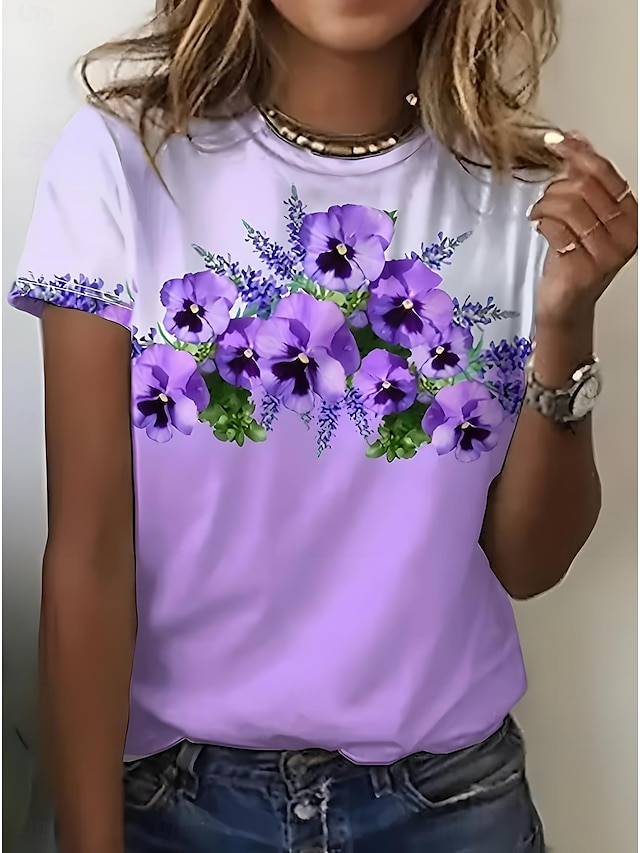 Femme T shirt Floral Graphic Rétro Vintage Mode mode Manche Courte Col Rond Hauts réguliers du quotidien Sortie Fin de semaine Imprimer Parme Eté