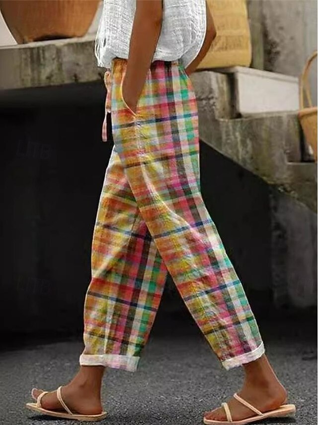 Women's Cotton Linen Pants Baggy Pants Linen Like Fashion Full Length Mid Waist Layered Print Micro-elastic Casual Daily Buff Summer Regular Fit4