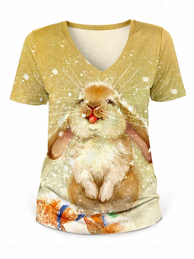  Pâques Femme T shirt Animal mode Décontractées Manche Courte Col V Hauts réguliers du quotidien Imprimer Jaune Eté Printemps