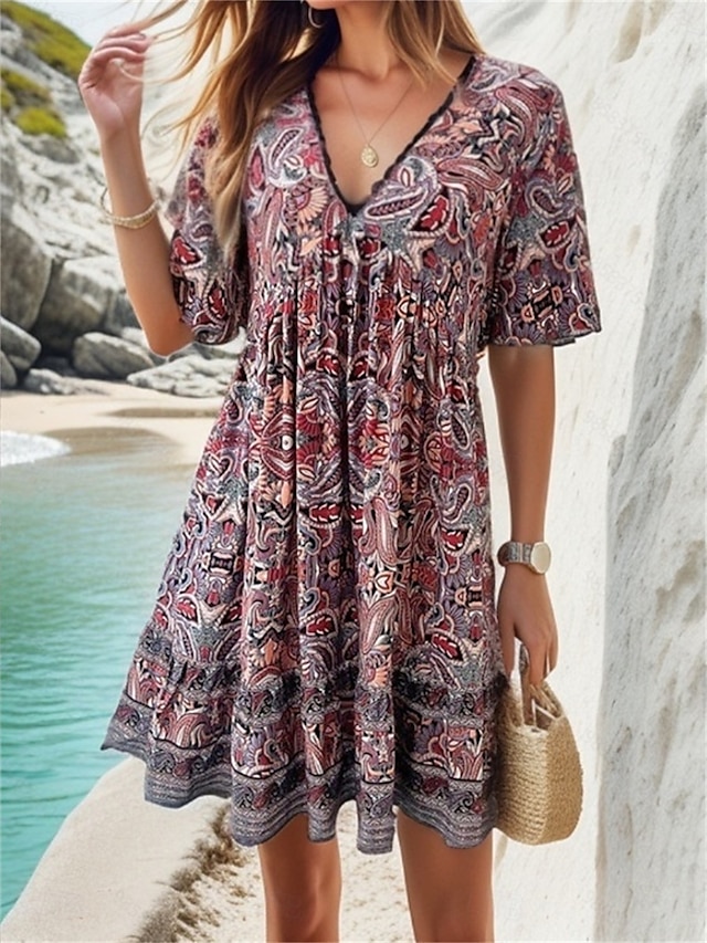  Femme robe longue Robe casual Robe Trapèze Elégant mode Décontractées Vacances du quotidien Ample Graphic Manche Courte Col V Noir Jaune Bleu Vert Eté Printemps