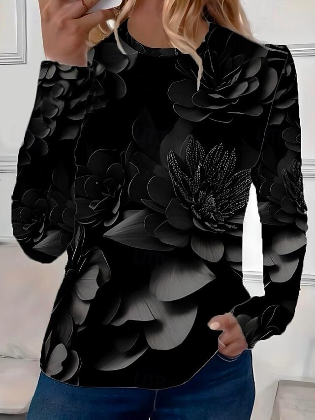  Dame T skjorte Blomstret Elegant Årgang Mote Langermet Crew-hals Vanlige topper Daglig Ut på byen Helg Trykt mønster Svart Sommer Vår