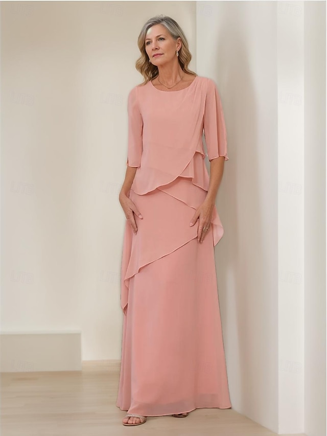  Vestido Tubo  Coluna para Mãe da Noiva Formal Elegante Vintage Simples Gola Redonda Comprimento de Chão Chiffon Manga Curta com Babados Babados Caindo