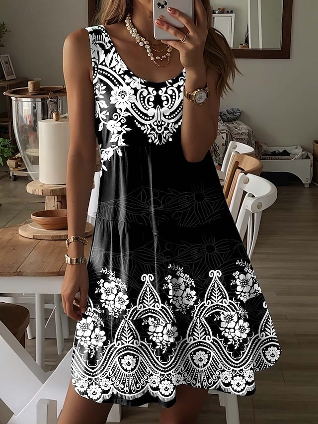  Damskie Sukienka mini Czarna sukienka Zabytkowa sukienka Sukienka paisley Codzienne sukienki Elegancja Bohema Urlop Urlop Codzienny Święto Regularny Graficzny Artystyczny Etnické Bez rękawów Półgolf