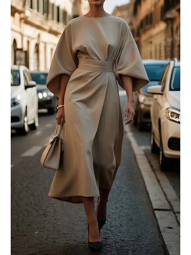  Damen kleid lang Maxidress Elegantes Kleid Elegant Fledermaus Ärmel Regular Fit Feste Farbe 3/4 Ärmel Rundhalsausschnitt Schwarz Wein Purpur Braun Herbst