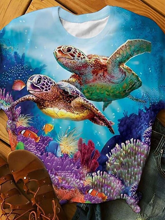 Women's T Shirt Ocean Sea Turtle Tropical Hawaiian Casual Short Sleeve Round Neck Regular Tops Daily Going out Beach Wedding Print Blue Summer4