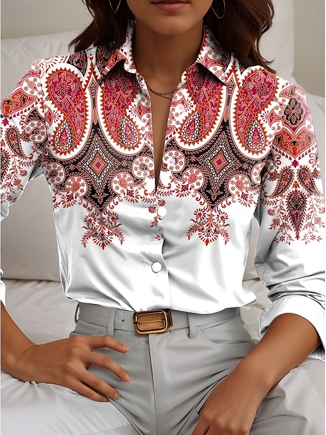  Women's Shirt Paisley Casual Long Sleeve Shirt Collar Regular Tops Work Daily Buttons Print Red Blue Orange Spring Fall Winter