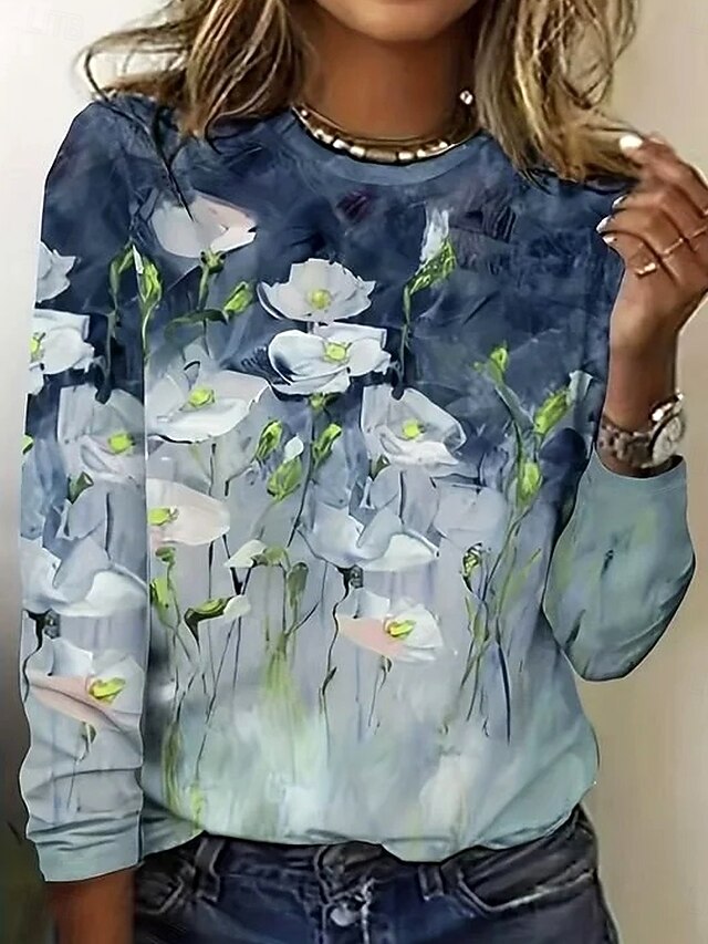 Women's T shirt Crew Neck Long Sleeve Tunic Ombre Floral Elegant Vintage  Regular Tops Daily Going out Weekend Print Dusty Blue4