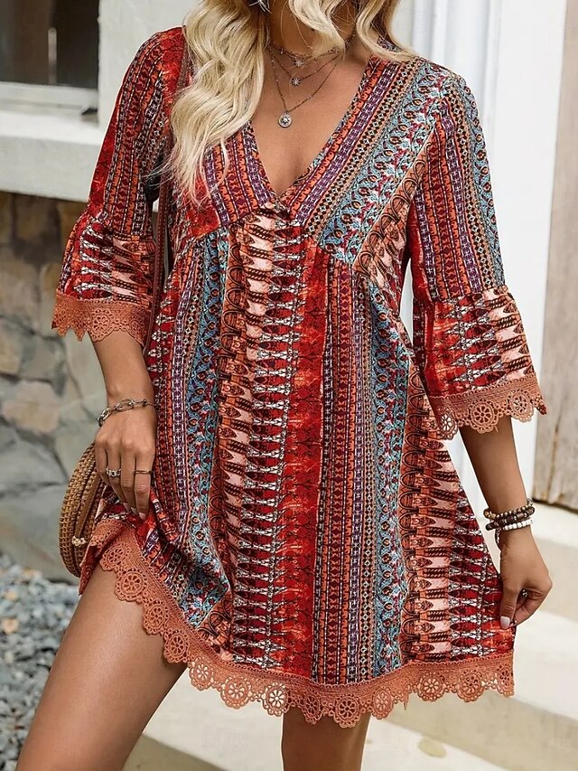  Damskie Sukienka mini Codzienne sukienki Sukienka Boho Elegancki Codzienny Urlop Codzienny Regularny Graficzny Geometryczny Rękaw 3/4 W serek Rumiany róż Czerwony Niebieski Lato