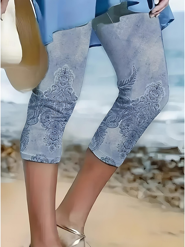  Kvinnors leggings capribyxor hög elasticitet semester mode hawaïanska ankellängd medel midja blommigt tryck termisk varm andningsbar mjuk semester avslappnad vardag äggblå regular fit