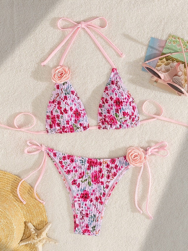  Dam Badkläder Bikini 2 st G-string Baddräkt Öppen rygg Smal Semester Standkläder Blommig Halterneck Ärmlös Baddräkter