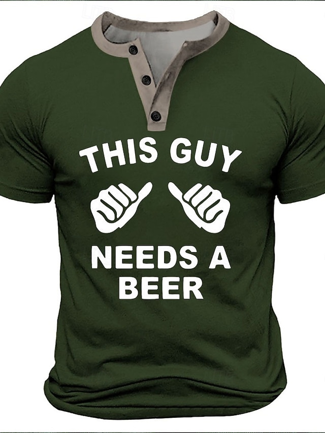  Miesten Pyhä Patrick Teksti Hauska Olut This Guy Needs A Beer T-paita Henley-paita Lyhythihainen Suunnittelija Retro / vintage Katu Kausaliteetti Päivittäin Kesä Kevät Armeijanvihreä Musta Laivaston