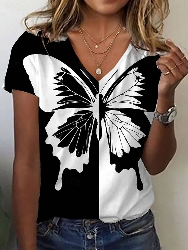 Women's T Shirt Butterfly Stylish Casual Short Sleeve V Neck Regular Tops Daily Print Black Summer4