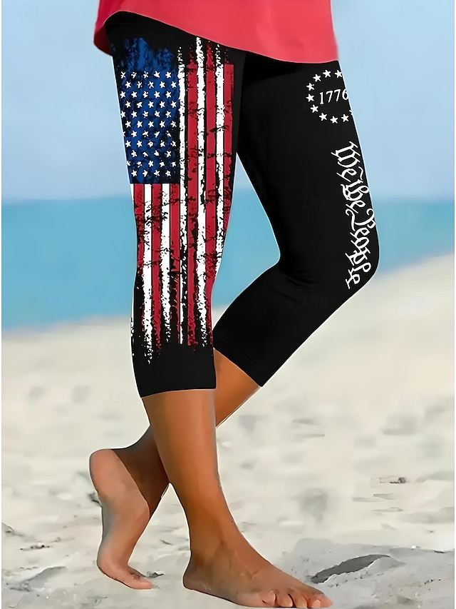  Independensdagen Kvinnors Patriotiska Fjärde Juli Leggings Capri Byxor Hög Elasticitet Ankellång MidjaByxorAmerikansk Flagga Amerikansk Flagga Nationell Flagga Tryck Termisk Varm Andningsbar Mjuk