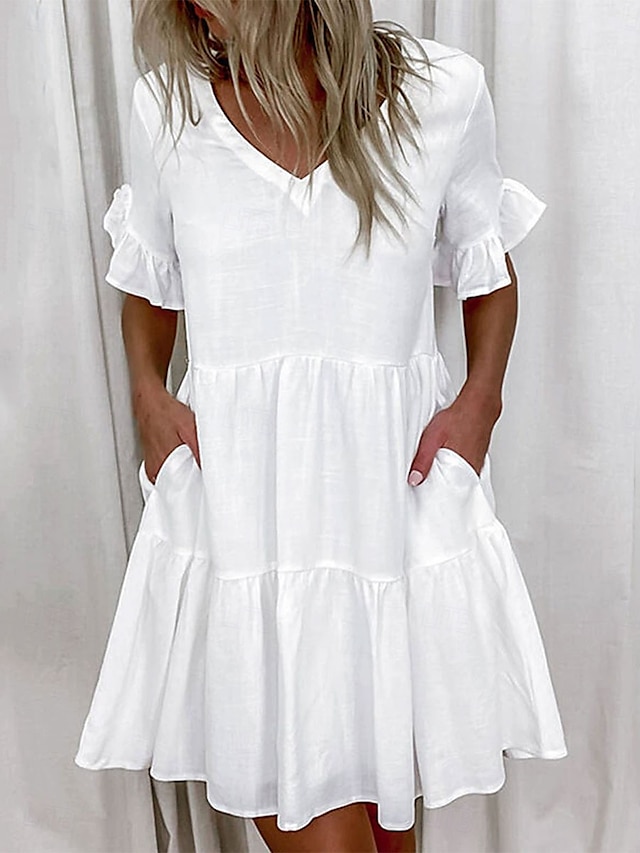  Damen Minikleid Weißes Kleid Casual kleid Rüschenkleid Kleid mit Puffärmeln Basic Brautkleider schlicht Urlaub Täglich Regular Fit Glatt Ärmellos V Ausschnitt Weiß Gelb Blau Sommer