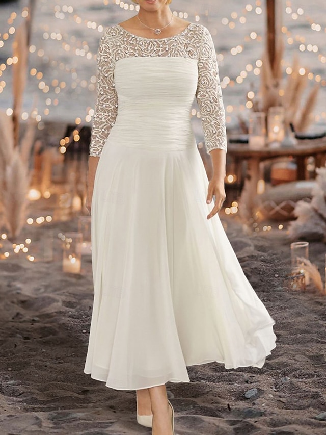  Vestido A-Line Para Mãe da Noiva Convidada Elegante Gola Redonda Comprimento do Tornozelo Chiffon Renda Mangas 3/4 com Franzido de Lantejoulas 2025