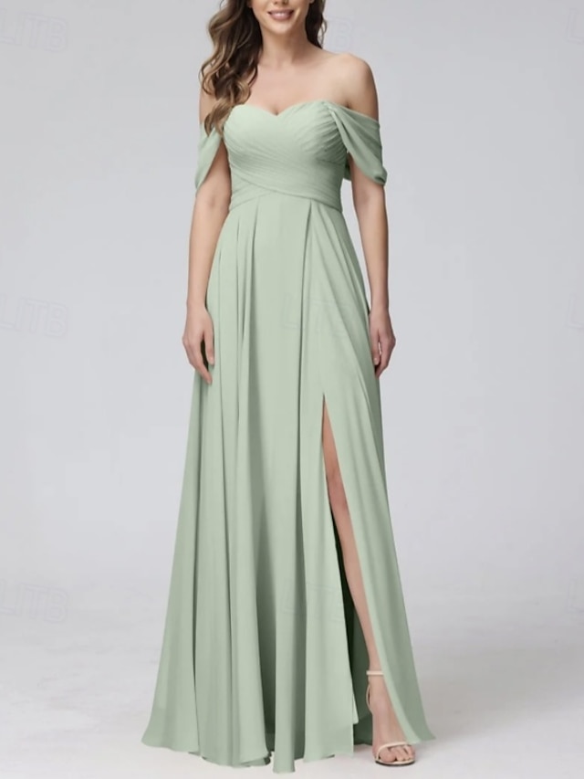  Ligne A Robe de Demoiselle d'Honneur  Coeur Manche Courte Élégant Longueur au sol Chiffon avec Devant Fendu / Fronces 2022