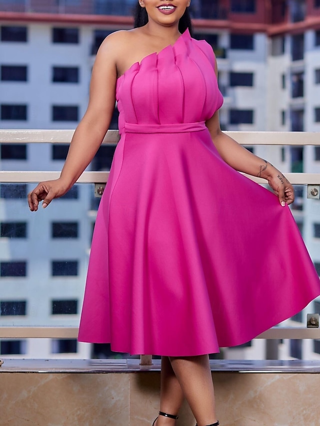  Kentucky Derby Damen Midi Kleid A-Linie Kleid Fit And Flare Kleid Elegant Formal Party Hochzeitsgast Verlobung Reguläre Passform Grafisch Ärmellos Eine Schulter Weiß Pink Rot Fuchsia