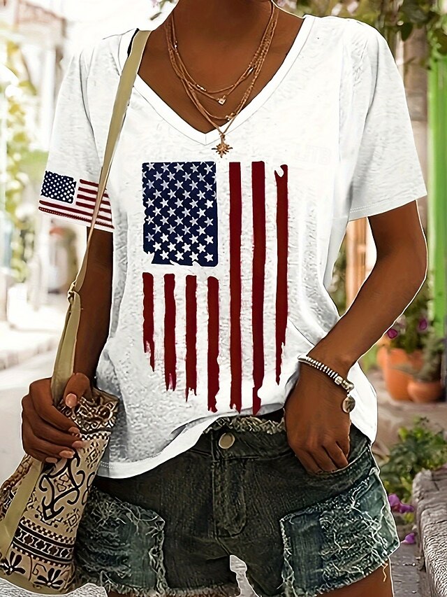 Women's Patriotic  T Shirt Flag Casual Red White And Blue Short Sleeve V Neck Regular Tops Daily Print White Summer4