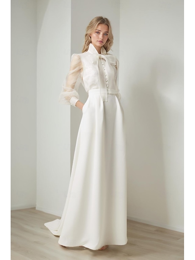  Robe de soirée sirène  trompette élégante formelle mariage traîne de cour manches longues col chemise ceinture  sangle organza avec nœud(s)
