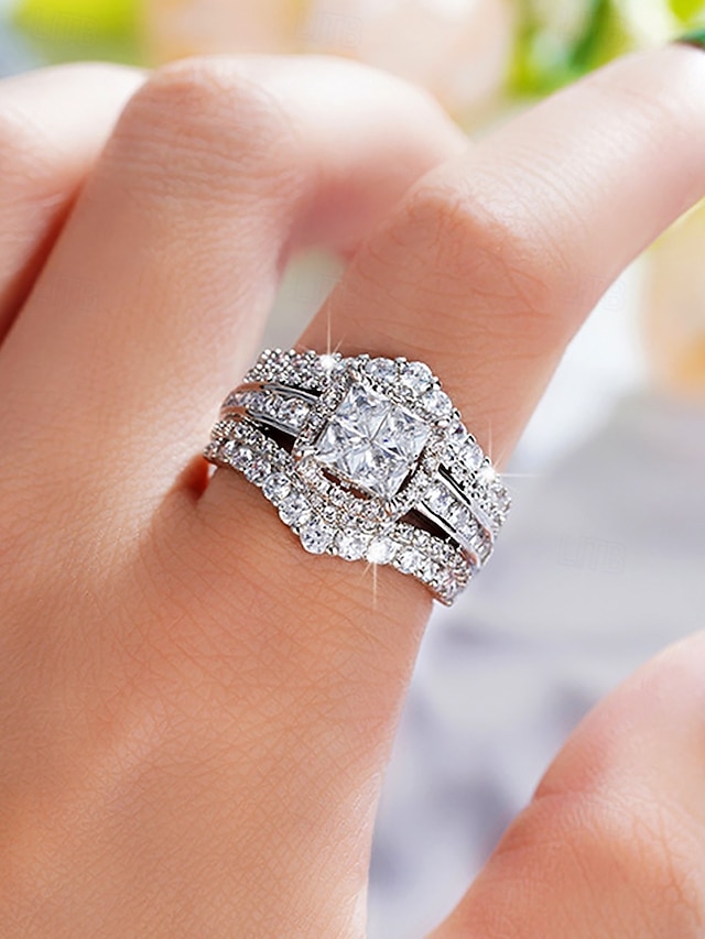  luksus gifteringsett med cubic zirconia, sølvbelagte, elegante brudesmykker for kvinner