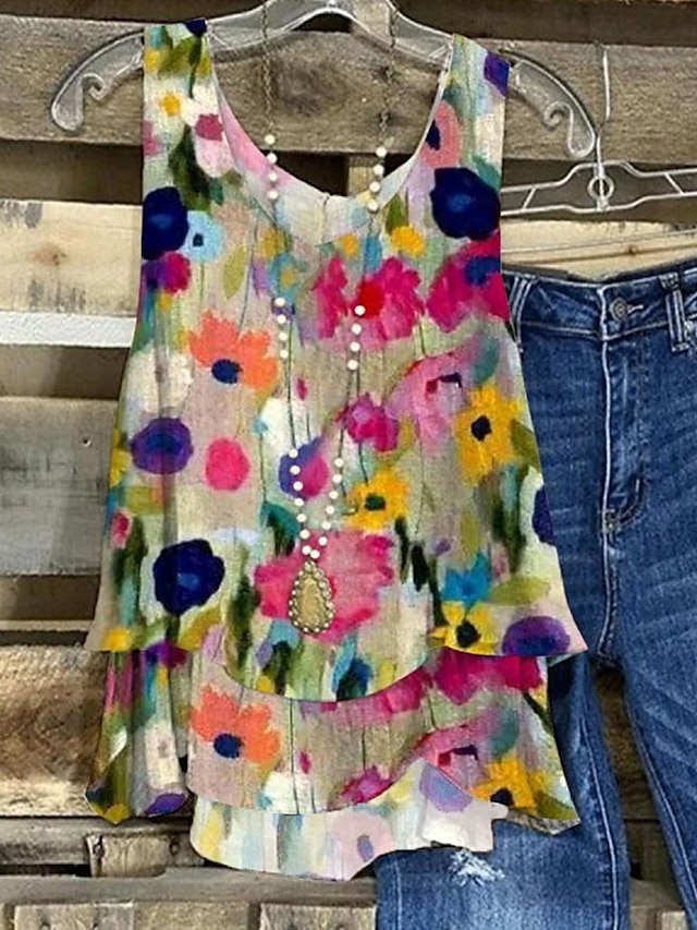  Top de damă tip cămașă cu bretele floral casual fără mâneci decolteu în V regular butoane imprimeu roz vară