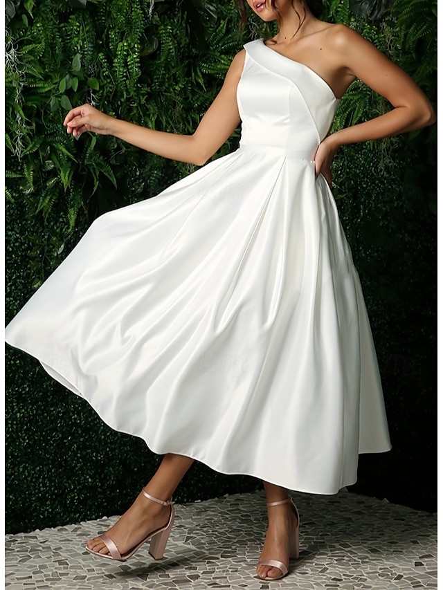  Robe blanche de graduation de fiançailles robe de mariage A-Line une épaule sans manches longueur thé en satin robes de mariée avec poche
