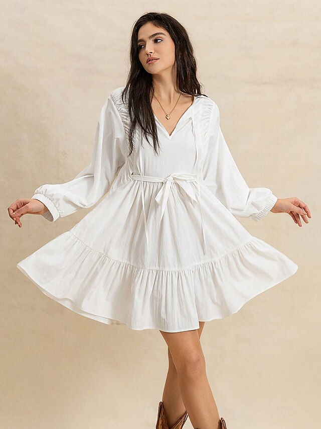  rochie albă rochie mini pentru femei rochie casual rochie boho cu mânecă lungă boho mânecă lantern festival de muzică data nunții potrivire obișnuită uni mânecă lungă cravată gât în v toamnă albă de vară