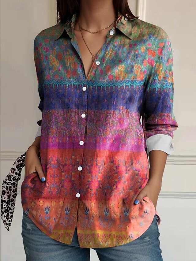 Women's Shirt Button Down Tunic Shirt Collar Long Sleeve Floral Casual Regular Tops Work Daily s Print Orange Spring Fall Winter4