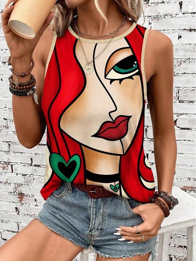  Koszulka na ramiączkach dla kobiet kamizelka modny streetwear w paski nadruk bez rękawów regularne topy dekolt okrągły casual zielona letnia