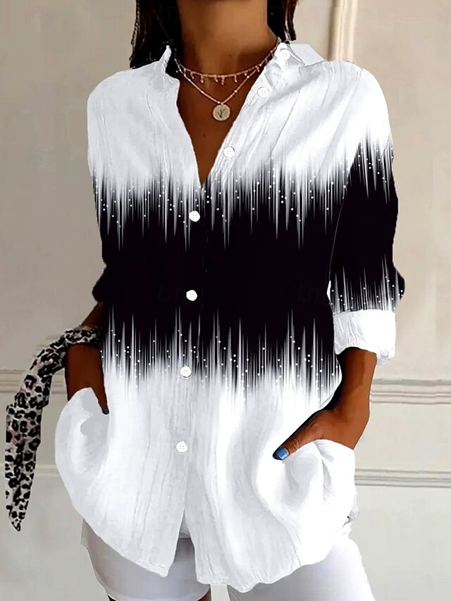 Women's Shirt Button Down Tunic Shirt Collar Long Sleeve Ombre Graphic Daily Stylish Retro Vintage 3/4 Length Sleeve Regular Tops Daily Holiday Going out s Black Spring4