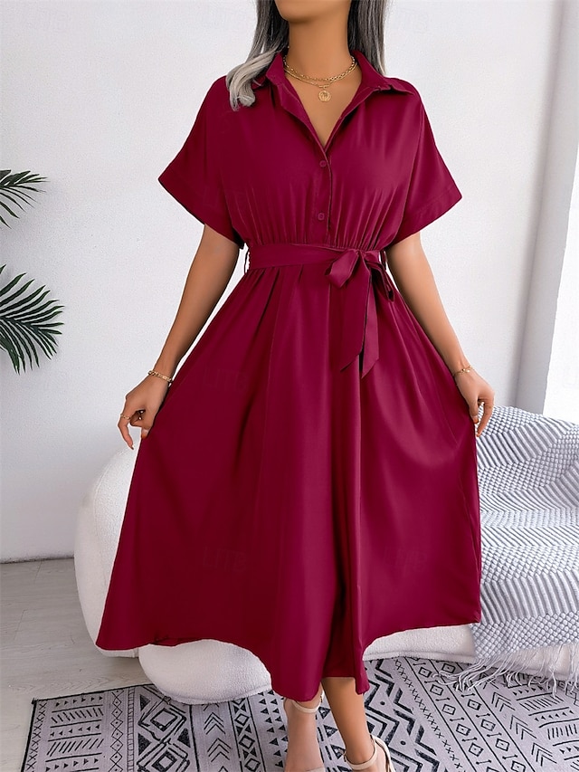  Damen Midi Kleid Wickelkleid A-Linie Kleid Geburtstag Freizeit Urlaub Party Geburtstag reguläre Passform Grafik Kurzarm Hemdkragen Wein Armee Grün Hellblau Sommer