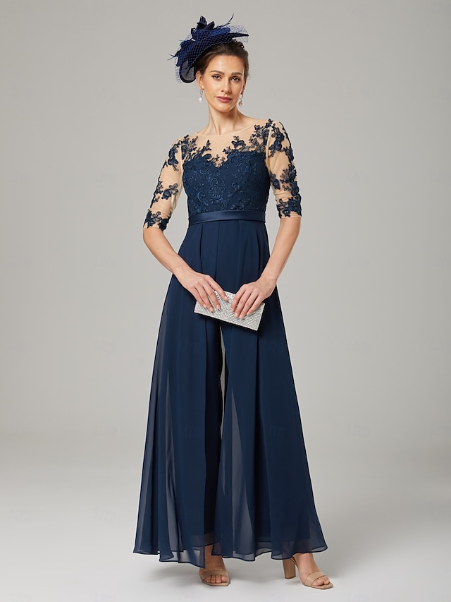  Mono de la Madre de la Novia Invitada Formal de Boda Elegante Fiesta Cuello Redondo Largo hasta el Tobillo Chiffon Encaje Manga 3/4 con Apliques