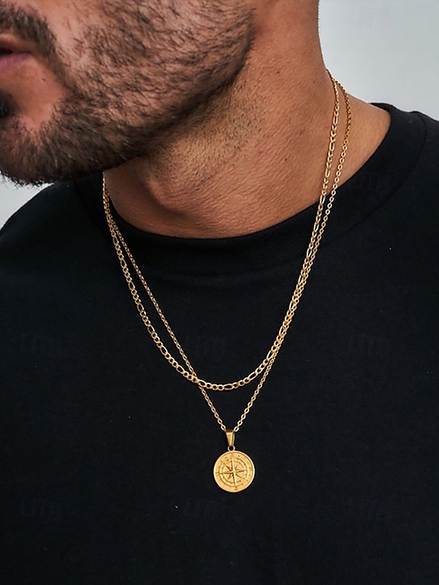 Collar con colgante de brújula vintage para hombre: cadena de doble capa de aleación de metal, amuleto vikingo nórdico, joyería náutica para viajes y aventuras
