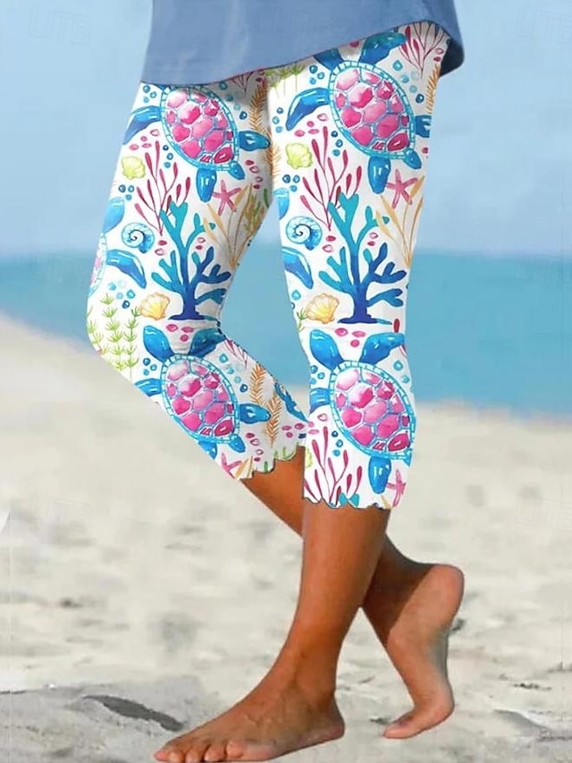  Dames Leggings Capri Broeken Hoge Elasticiteit Mode Enkellengte Midden Taille Oceaanprint Casual Dagelijks Robins Eipluim Blauw Zomer Regelmatige Fit