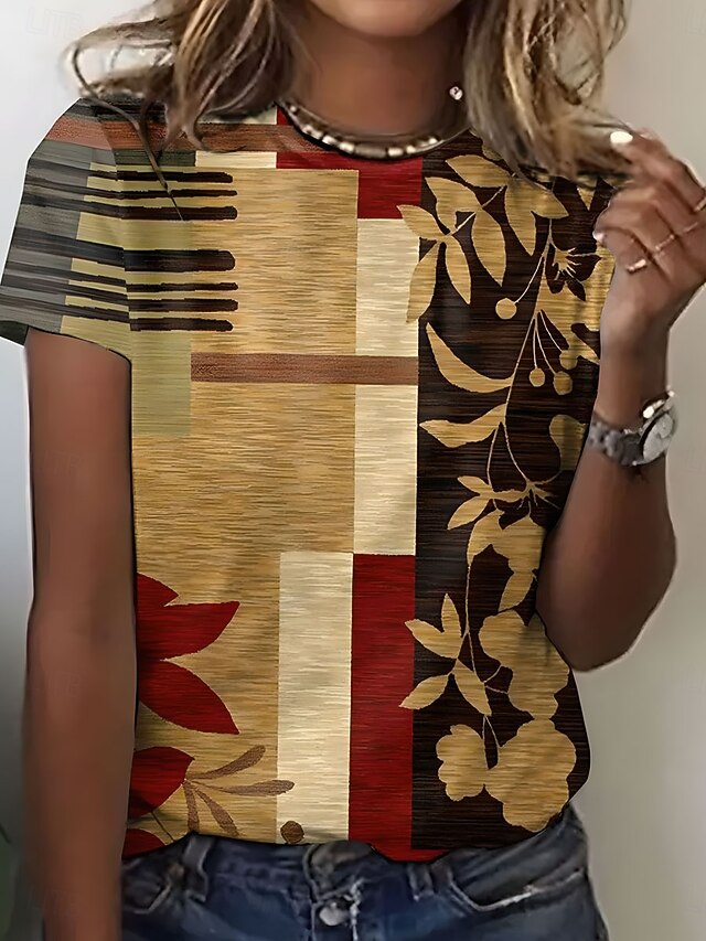 Women's T Shirt Geometric Plants Casual Short Sleeve Round Neck Regular Tops Daily Print Red Summer4