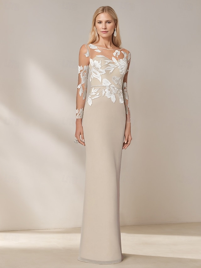  Mermaid / Trumpet Mother of the Bride Dress Elegant Simple Boat Neck Floral Embroidered Lace Floor Length Chiffon Long Sleeve with Crystal Belt 2025