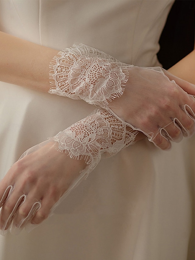  Renda Até o Pulso Luva Elegante / Estilo Clássico Com Cor Pura Luvas de Festa / Casamento