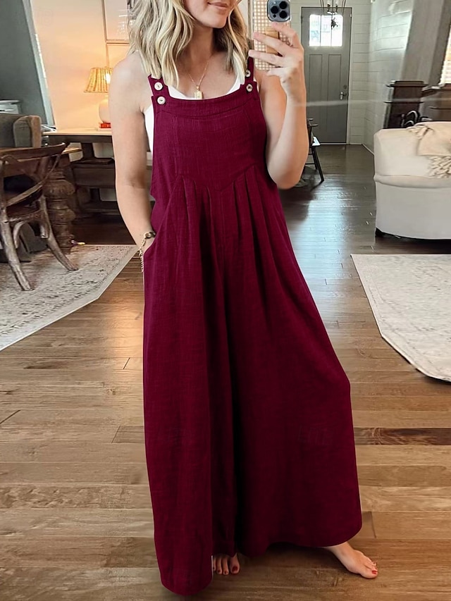  Femme Normal Salopette Actif Couleur unie Sans Manches Col Rond Boutons Poche Vacances du quotidien Standard Jaune Vin Abricot Eté