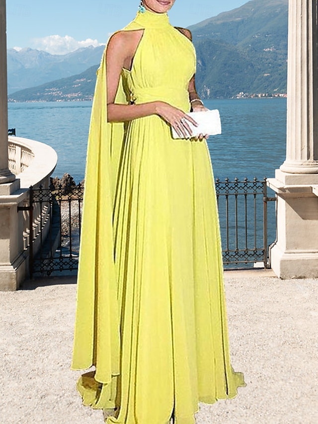  Abito da sera A-Line abito elegante da matrimonio formale lungo pavimento senza maniche colletto alto con mantelline in chiffon arricciato