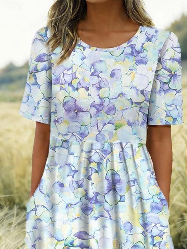  Dames Mini Jurk Petite Jurk T Shirt Jurk Tee Jurk A-lijn Jurk Zomerjurk Vakantie Stijlvol Casual Vakantie Dagelijks Regular Fit Bloem Grafisch Korte Mouwen Ronde Hals Lichtblauw