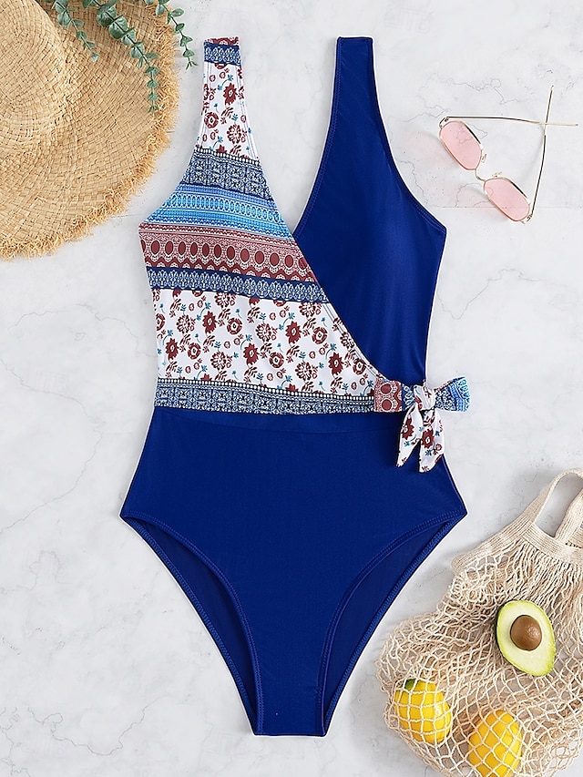  Dam Badkläder En bit Monokini Baddräkt Öppen rygg Magkontroll Hög midja Smal Semester Standkläder Blommig V-hals Ärmlös Baddräkter
