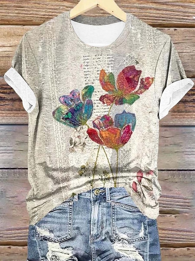  Femme T shirt Floral Décontractées Manche Courte Col Rond Hauts réguliers du quotidien Imprimer Jaune Eté