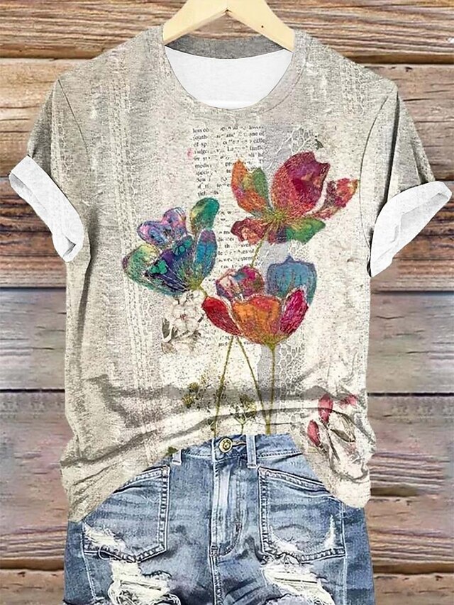 Women's T Shirt Floral Casual Short Sleeve Round Neck Regular Tops Daily Print Yellow Summer4